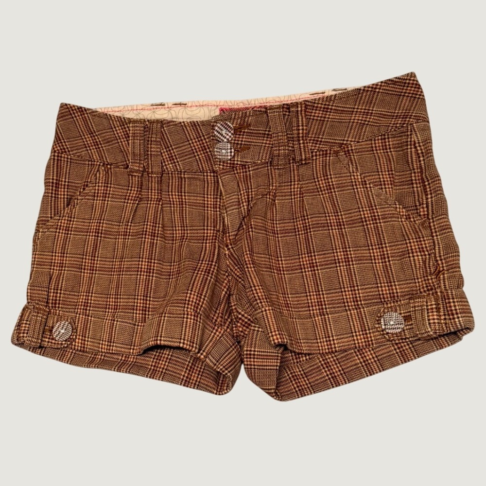 Y2K Hurley Plaid Shorts Womens 0 Mini Low Rise Cuffed Glen Check Preppy Skater